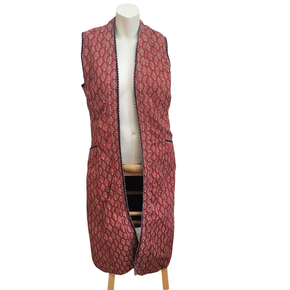 Orvis Long Vest Duster Red Paisley Hippie Boho Medium Embroidery